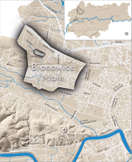 Orientacyjna lokalizacja dawnej wsi Bronowice Małe w obecnych granicach Krakowa – na planie miasta
oznaczono jej położenie w kształcie wyznaczonym granicami jednostki katastralnej, jaką stanowiła,
ze wskazaniem najstarszego, historycznego centrum Bronowic Małych w rejonie dzisiejszych ulic Tetmajera i Pod Strzechą