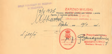 Z akt magistrackich fragment świadectwa ubóstwa z 1936 r. z potwierdzeniem złożonym
przez komisarza Mariana Benedyktowicza
(Archiwum Narodowe w Krakowie, sygn. Kr 5200, s. 863)