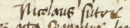 Z księgi radzieckiej Kazimierza obejmującej lata 1481-1508: fragment wpisu dokumentującego
wybór rady urzędującej na 1483 rok, z Mikołajem szewcem w składzie – oraz zbliżenie zapisu imienia
(Archiwum Narodowe w Krakowie, sygn. K 7, s. 36)