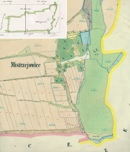 Centrum Mistrzejowic na mapie katastralnej sporządzonej dla gminy katastralnej Mistrzejowice w 1850 roku oraz pochodzący
z lat 1847–1848 plan sytuacyjny z wyrysowanymi granicami gminy Mistrzejowice i lokalizacją gmin sąsiadujących
(Archiwum Narodowe w Krakowie, sygn. K. Krak. 355 II; sygn. WM 563a, s. 1)