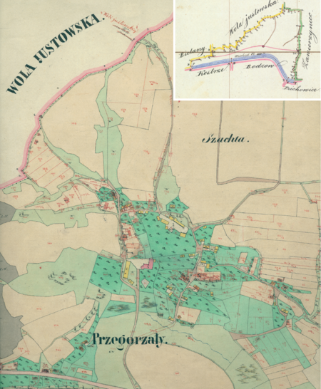 Centrum Przegorzał na mapie katastralnej sporządzonej dla gminy katastralnej Przegorzały w 1848 roku oraz pochodzący
z lat 1847–1848 plan sytuacyjny z wyrysowanymi granicami gminy Przegorzały i lokalizacją gmin sąsiadujących
(Archiwum Narodowe w Krakowie, sygn. K. Krak. 488 I; sygn. WM 563a, nlb.)