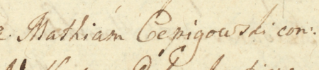 Z księgi radzieckiej kazimierskiej obejmującej lata 1759–1763: wpis dokumentujący wybór rady
urzędującej na rok 1761, z Maciejem Czepigowskim w składzie – oraz zbliżenie zapisu imienia
(Archiwum Narodowe w Krakowie, sygn. K 50, s. 252–253)