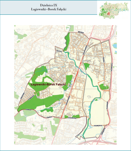 Dzielnica IX Łagiewniki–Borek Fałęcki według stanu z 2017 r. na przywołanym wcześniej planie miasta z tego samego roku – dzielnica
samorządowa o powierzchni 5,42 km² (udział 1,66% w całej powierzchni miasta), położona na terenach historycznych jednostek
katastralnych: częściach Borku Fałęckiego, Łagiewnik i Jugowic oraz fragmentach Podgórza i Kurdwanowa
(vide plan na s. 239). Opis przebiegu granic tej dzielnicy podano na następnej stronie.