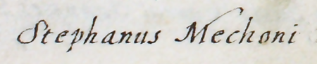 Z urzędowego spisu rajców obejmującego lata 1363–1802 fragment strony 24 z wpisem z 1680 roku,
gdy po śmierci rajcy Marcina Lochmana (nr 519) został wybrany do rady Stefan Machoni, jak zapisano:
„mąż wybitnych zdolności, uczciwości, znany ze swej biegłości w dziedzinie architektury” – oraz powiększenie zapisu imienia
(Archiwum Państwowe w Krakowie, sygn. rkps 1477, s. 24)