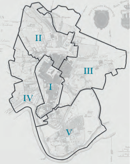 Plan konturowy podziału na cyrkuły–obwody w latach 1838–1855
według stanu na rok 1838 na podkładzie planu miasta
przedstawionego w pełnym kształcie na s. 394