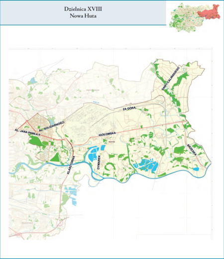 Dzielnica XVIII Nowa Huta według stanu z 2017 r. na przywołanym wcześniej planie miasta z tego samego roku – dzielnica samorządowa
o powierzchni 65,41 km² (udział 20,01% w całej powierzchni miasta), położona na terenach historycznych jednostek
katastralnych: Mogiła, Pleszów, Branice, Ruszcza, Wyciąże, Kościelniki, Wróżenice, Wolica, Przylasek Wyciąski, Przylasek Rusiecki,
po części także Bieńczyce i Lubocza, fragmentami Czyżyny, Krzesławice, Wadów i Przewóz (vide plan na s. 239).
Opis przebiegu granic tej dzielnicy podano na następnej stronie.