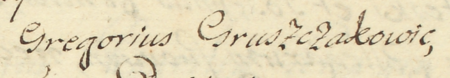 Z księgi radzieckiej Kleparza obejmującej lata 1695–1734: fragment wpisu z 1707 roku
otwierającego kolejną sesję rajców, z Grzegorzem Gruszczakowiczem w składzie – oraz zbliżenie zapisu imienia
(Archiwum Narodowe w Krakowie, sygn. KL 33, s. 235)