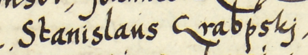 Z księgi radzieckiej Kazimierza obejmującej lata 1569–1573: fragment wpisu dokumentującego
wybór rady urzędującej na rok 1570, ze Stanisławem Grabskim w składzie – oraz zbliżenie zapisu imienia
(Archiwum Narodowe w Krakowie, sygn. K 16, s. 429)
