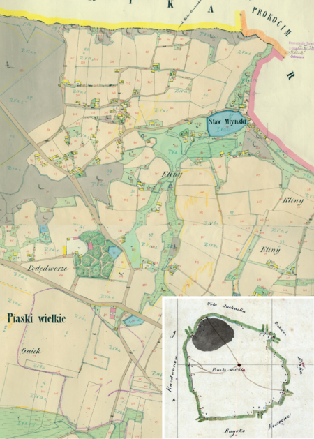 Fragment Piasków Wielkich na mapie katastralnej sporządzonej dla gminy katastralnej Piaski Wielkie w 1849 roku oraz
pochodzący z 1847 roku plan sytuacyjny z wyrysowanymi granicami gminy Piaski Wielkie i lokalizacją gmin sąsiadujących
(Archiwum Narodowe w Krakowie, sygn. K. Krak. 421 I, III; sygn. K. Krak. op. 106, s. 1)