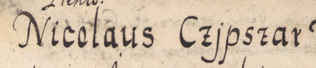 Z Liber inscriptionum… klasztoru oo. Augustianów w Kazimierzu: fragment dokonanego w roku 1681 wpisu przywołującego
wydany w 1438 roku dokument, w którym wójt i ławnicy kazimierscy stwierdzili, że Mikołaj Czipser swój dom położony
obok domu Jana rękawicznika i Kaspra kołczannika (nr 120) w Stradomiu odstępuje Wincentemu kołczannikowi
(nr 122) – oraz zbliżenie zapisu imienia (Biblioteka Naukowa PAU/PAN, sygn. rkps 1676, s. 308v)