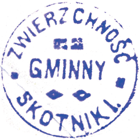 (1907)
Odciski pieczęci urzędowych Skotnik z lat
1862, 1907 i 1939 oraz odcisk pieczęci
dominium skotnickiego z 1845 roku
(Archiwum Narodowe w Krakowie,
sygn. 29/198/11, nlb.;
sygn. 29/206/327, nlb.; Archiwum
Opactwa Benedyktynów w Tyńcu,
sygn. 5/1/4/7; sygn. 5/2/6/1)