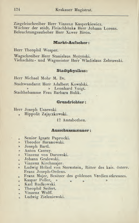 Z rocznika tzw. Szematyzmu galicyjskiego z roku 1856
zawierającego dane z roku 1855 strona tytułowa i strona z wykazem komisarzy obwodowych
krakowskiego Magistratu; wśród nich p.o. komisarz Józef Uszewski
(Szematyzm 1856, s. tytułowa, s. 124)