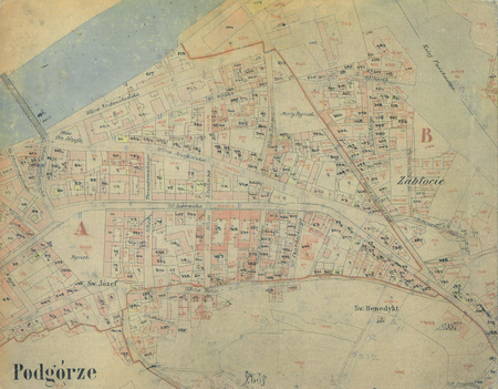 Fragment planu – szkicu indykacyjnego Podgórza, sporządzonego w ramach katastru galicyjskiego w 1904 roku; widoczny most Franciszka
Józefa
I, zwany też I Mostem lub Podgórskim. Mały Rynek to obecnie pl. Bohaterów Getta – w jego rejonie w 1913 roku powstanie III Most, później
nazwany mostem Krakusa (na jego miejscu dziś znajduje się most Powstańców Śląskich). W 1915 roku na tym moście symbolicznie spotkały się
władze połączonych właśnie miast Krakowa i Podgórza (Archiwum Narodowe w Krakowie, sygn. KPK 95)