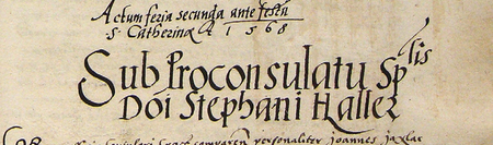 Z księgi radzieckiej obejmującej lata 1567–1575 strony 114–115 z nagłówkiem wpisów spraw prowadzonych
za kadencji burmistrzowskiej Stefana Hallera w 1568 roku – oraz powiększenie zapisu imienia i funkcji burmistrza
(Archiwum Państwowe w Krakowie, sygn. rkps 446, s. 114–115)