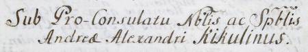 Z urzędowego spisu rajców obejmującego lata 1363–1802 fragment strony 79 z wpisem z 1744 roku o wyborze do rady
miejskiej po śmierci Józefa Wadowskiego (nr 598) nowego rajcy Józefa Laskiewicza (nr 611), co stało się za kadencji
burmistrzowskiej Andrzeja Aleksandra Kukulinusa – oraz powiększenie zapisu imienia i funkcji burmistrza
(Archiwum Państwowe w Krakowie, sygn. rkps 1477, s. 79)