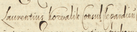 Z księgi radzieckiej Kleparza obejmującej lata 1618–1785: fragment dokonanego w 1618 roku wpisu
dokumentującego, że pozwany przez rajcę Tomasza Kwaśnego (nr 127) w nieznanej sprawie Wawrzyniec (Laurentius)
Kowalik, rajca kleparski, nie stawił się przed sądem radzieckim na wyznaczony termin zawity – zbliżenie zapisu imienia
i urzędu (Archiwum Narodowe w Krakowie, sygn. KL 115, s. 150)