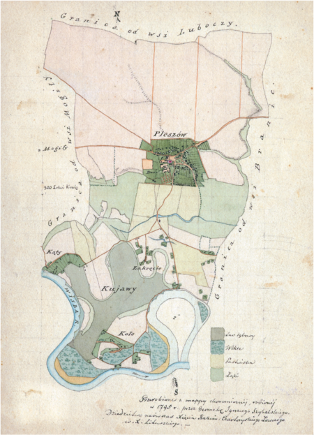 Z Archiwum Wolnego Miasta Krakowa mapa wsi Pleszów wraz z Kujawami, w oryginale wyrysowana w 1795 roku
przez geodetę Ignacego Szybalskiego, tu w kopii wykonanej przez Teofila Żebrawskiego w drugiej ćwierci XIX wieku
(Archiwum Narodowe w Krakowie, sygn. 29/200/144)