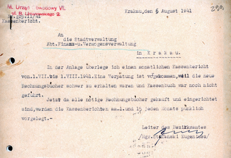 Z akt Starostwa Miejskiego Krakowskiego wewnątrzurzędowe pismo sporządzone w 1941 r.
przez kierownika Eugeniusza Stefańskiego
(Archiwum Narodowe w Krakowie, sygn. SMKr 79, s. 299)