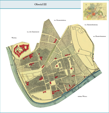 Obwód III według stanu z lutego 1912 r. na przywołanym wcześniej planie miasta z 1912 r. – w granicach tej dzielnicy
administracyjnej znalazły się dzielnice katastralne II–Wawel i VIII–Kazimierz oraz zasadnicza część dzielnicy katastralnej
VII–Stradom. Stanowiła ona południową część Krakowa sprzed przyłączeń dokonanych w ramach tworzenia Wielkiego Krakowa,
tj. sprzed 1910 r. Użyte przy powyższym planie dzielnicy nazwy terenowe podano według nazewnictwa obowiązującego aktualnie.