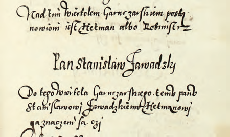 Z księgi radzieckiej zawierającej uchwały z lat 1538–1643 dotyczące organizacji życia publicznego miasta fragment wpisu
z 1575 r. dokumentującego powołanie Stanisława Zawadzkiego na funkcję hetmana Kwartału Garncarskiego
(Archiwum Narodowe w Krakowie, sygn. rkps 1213, s. 63)