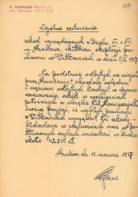 Z akt Wybuch prochowni w Witkowicach, sprawozdania, protokoły, rachunki, wykazy
wypłat poszkodowanym 1927–1929 sporządzone w 1928 r. przez komisarza Mariana
Parę ogólne zestawienie szkód wynikłych z wybuchu
(Archiwum Narodowe w Krakowie, sygn. Kr 4733, s. 124)