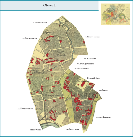 Obwód I według stanu z lutego 1912 r. na przywołanym wcześniej planie miasta z 1912 r. – dzielnicę administracyjną,
którą stanowił Obwód I, tworzyły tereny południowej część dzielnicy katastralnej I–Śródmieście (z Rynkiem Głównym)
oraz w całości tereny dzielnic katastralnych III–Nowy Świat i IV–Piasek. Obwód ten zajmował, przy pewnym
uogólnieniu, zachodnią i północno-zachodnią część Krakowa sprzed przyłączeń dokonanych w ramach tworzenia
Wielkiego Krakowa, tj. sprzed 1910 r. Użyte przy powyższym planie dzielnicy nazwy terenowe podano według
nazewnictwa obowiązującego aktualnie.