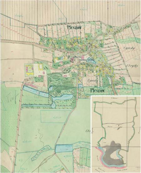 Centrum Pleszowa na mapie katastralnej sporządzonej dla gminy katastralnej Pleszów w 1850 roku oraz pochodzący
z lat 1847–1848 plan sytuacyjny z wyrysowanymi granicami gminy Pleszów i lokalizacją gmin sąsiadujących
(Archiwum Narodowe w Krakowie, sygn. K. Krak. 433 V, VIII; sygn. WM 563a, nlb.)