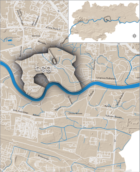 Orientacyjna lokalizacja dawnej wsi Łęg w obecnych granicach Krakowa – na planie miasta oznaczono
jej położenie w kształcie wyznaczonym granicami jednostki katastralnej, jaką stanowiła, ze wskazaniem
najstarszego, historycznego centrum Łęgu w rejonie dzisiejszej ulicy Sołtysowskiej
