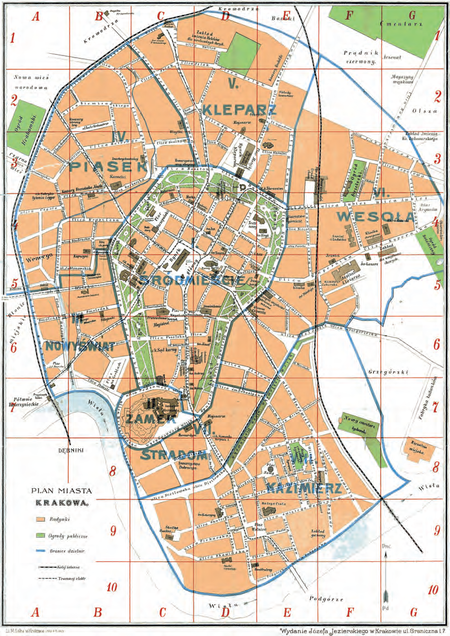 Plan miasta Krakowa z 1906 r., zwany „planem Jezierskiego”, z oryginalnie wyrysowanymi granicami dzielnic katastralnych. Ten podział miasta na dzielnice katastralne, wprowadzony w 1859 r., przetrwał do roku 1910 – do pierwszych przyłączeń do Krakowa sąsiednich gmin w ramach tworzenia Wielkiego Krakowa. W 1881 r. zmieniono nazwę
dzielnicy katastralnej I „Miasto właściwe” na nazwę „Śródmieście”. W tym samym czasie obowiązywał równoległy podział miasta na pomocnicze dzielnice administracyjne, którymi były 3 obwody miejskie: Obwód I obejmował południową część (z Rynkiem Głównym) dzielnicy katastralnej I Śródmieście oraz dzielnice katastralne III Nowy Świat i IV Piasek. Obwód II obejmował północną część dzielnicy I Śródmieście i dzielnice katastralne V Kleparz i VI Wesoła. Z kolei Obwód III obejmował tereny dzielnic katastralnych II Zamek, VII Stradom i VIII Kazimierz
(plan miasta ze zbiorów prywatnych)