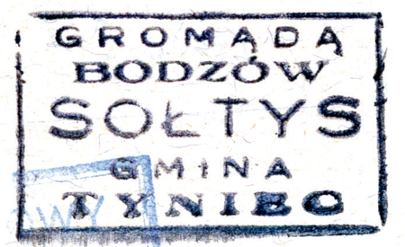 (1938)Odciski pieczęci urzędowych Bodzowa
z lat 1820, 1855, 1895 i 1938
(CPAHU we Lwowie, sygn. fond 20,
opis 8, sprawa 20; Archiwum Narodowe
w Krakowie, sygn. 29/279/1967, s. 34;
sygn. 29/1023/33, nlb.; Archiwum Opactwa
Benedyktynów w Tyńcu, sygn. 5/1/4/4)