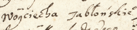 Z księgi protokołów sądu wójtowskiego jurydyki Biskupie obejmującej lata 1615–1629: fragment wpisu z 1616 roku dotyczącego
sprawy o czopowe za piwo częstochowskie, w której to sprawie Kleparz reprezentowali rajca Karol Kanesius (nr 119)
i rajca Wojciech Jabłoński – zbliżenie zapisu imienia (Archiwum Narodowe w Krakowie, sygn. Jur. I-20, s. 9v)