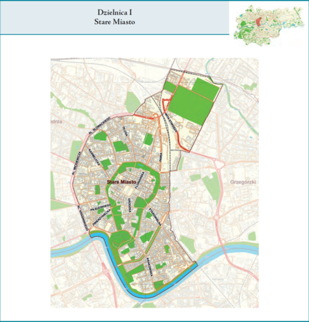 Dzielnica I Stare Miasto według stanu z 2017 r. na przywołanym wcześniej planie miasta z tego samego roku – dzielnica samorządowa
o powierzchni 5,57 km² (udział 1,7% w całej powierzchni miasta), położona na terenach historycznych jednostek katastralnych: Śródmieście
(w obrębie Plant), Wawel, Nowy Świat, Piasek, Kleparz, Stradom i Kazimierz, po części także Wesoła i Warszawskie, fragmentami
Krowodrza (vide plan na s. 239). Opis przebiegu granic tej dzielnicy podano na następnej stronie.