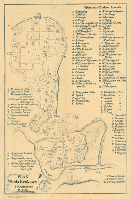 Przerys Planu Miasta Krakowa i Kazimierza pochodzącego z wydanego w 1787 roku dziełka Filipa Lichockiego (od 1794 roku prezydenta Krakowa)
Dyaryusz Przyjazdu Nayjaśnieyszego Stanisława Augusta […] do stołecznego miasta Krakowa – plan sytuacyjny o charakterze przewodnika,
dobrze oddający układ urbanistyczny Kazimierza i Stradomia. Wspomnienia wydarzeń konfederacji barskiej musiały być żywe, skoro pod literą „r”
zaznaczono kanał, którym konfederaci w lutym 1772 roku dostali się na zamek wawelski, opanowując go i broniąc przed wojskami rosyjskimi
przez prawie trzy miesiące (Archiwum Narodowe w Krakowie, sygn. Zb. Kart. II-20)