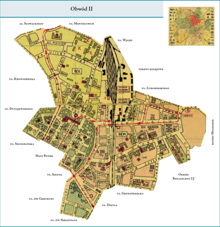 Obwód II według stanu z listopada 1928 r. na przywołanym wcześniej planie miasta z 1934 r. – w granice dzielnicy administracyjnej,
którą stanowił Obwód II, wchodziły tereny północnej części dzielnicy katastralnej I–Śródmieście, w całości tereny dzielnic katastralnych
V–Kleparz i VI–Wesoła oraz część dzielnicy katastralnej VII–Stradom. Od zachodu Obwód II zamykała linia wytyczona
fragmentem ul. św. Gertrudy, ul. Sienną, pierzeją A–B Rynku Głównego oraz ulicami Szczepańską, Dunajewskiego i Karmelicką.
Od północy sięgał zbiegu al. Słowackiego i ul. Montelupich. Od wschodu granica – biegnąc obok terenów kolejowych
i ul. Lubomirskiego – okalała rondo Mogilskie. Od południa Obwód II sięgał ul. Grzegórzeckiej, a na Stradomiu ul. św. Sebastiana.
Użyte przy powyższym planie dzielnicy nazwy terenowe podano według nazewnictwa obowiązującego aktualnie.