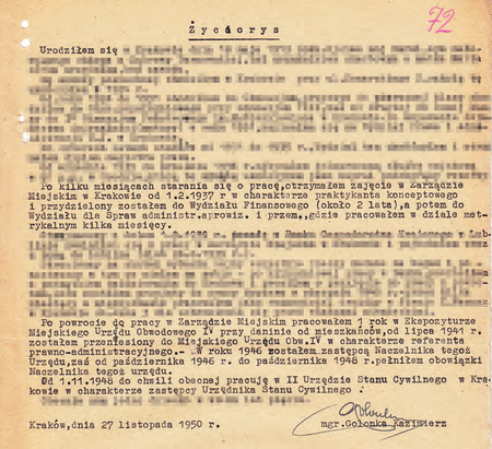 Z akt Zarządu Miejskiego w Krakowie dokument z 1950 r.
zwierającego przebieg pracy zawodowej Kazimierza Golonki
(Archiwum Zakładowe Urzędu Miasta Krakowa)