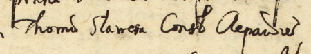 Z księgi wójtowskiej Kleparza obejmującej lata 1649–1653: początkowy fragment wpisu z 1653 roku
dotyczącego sprawy z wniosku Jadwigi Sławęciny, wdowy po Tomaszu Sławęcie, rajcy kleparskim,
przeciwko Wojciechowi Stombińskiemu, pasierbowi, który naszedł na jej dom – oraz zbliżenie zapisu imienia i urzędu
(Archiwum Narodowe w Krakowie, sygn. KL 11, s. 447)