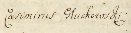 Z księgi radzieckiej obejmującej lata 1701–1710 fragment strony 818 z wykazem rajców urzędujących
wybranych na rok 1705, wśród których znajduje się Kazimierz Głuchowski – oraz powiększenie zapisu imienia
(Archiwum Państwowe w Krakowie, sygn. rkps 474, s. 818)