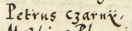 Z księgi radzieckiej Kazimierza obejmującej lata 1569–1573: wpis dokumentujący
wybór rady urzędującej rok 1572, z Piotrem Czarnym młodszym w składzie – oraz zbliżenie zapisu imienia
(Archiwum Narodowe w Krakowie, sygn. K 16, s. 755)