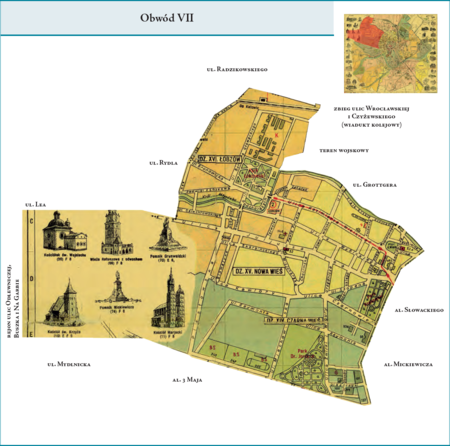 Obwód VII według stanu z listopada 1928 r. na przywołanym wcześniej planie miasta z 1934 r. – w granice tej dzielnicy administracyjnej,
którą stanowił Obwód VII, weszły tereny dzielnic katastralnych XIV–Czarna Wieś, XV–Nowa Wieś i XVI–Łobzów. Od zachodu
i północy granica stanowiła jednocześnie granicę miasta: w rejonie ulic Odlewniczej, Buszka i Na Garbie, dalej biegła wzdłuż ul. Rydla oraz
fragmentu ul. Radzikowskiego. Początek wschodniej granicy Obwodu VII dawał zbieg ulic Czyżewskiego i Wrocławskiej, rejon wiaduktu
kolejowego, następnie biegła ona terenami wojskowymi do dawnej Młynówki Królewskiej i jej korytem, to jest obecną al. Grottgera,
do al. Słowackiego i dalej na południe, do końca al. Mickiewicza. Od strony południowej powierzchnię Obwodu zamykała linia
al. 3 Maja i ul. Mydlnickiej, do granicy miasta. Użyte przy powyższym planie dzielnicy nazwy terenowe podano
według nazewnictwa obowiązującego aktualnie.