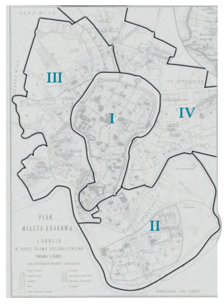Plan konturowy podziału Krakowa na cyrkuły według stanu
z lat 1792 i 1794 na podkładzie planu miasta
przedstawionego w pełnym kształcie na s. 282