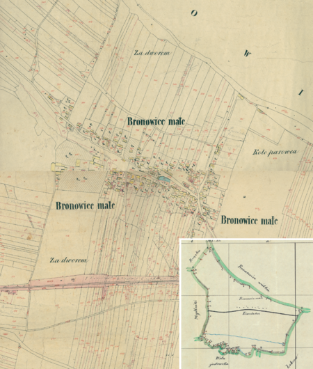 Centrum Bronowic Małych na mapie katastralnej sporządzonej dla gminy katastralnej Bronowice Małe w 1850 roku oraz pochodzący
z lat 1847–1848 plan sytuacyjny z wyrysowanymi granicami gminy Bronowice Małe i lokalizacją gmin sąsiadujących
(Archiwum Narodowe w Krakowie, sygn. K. Krak. 71 I–IV; sygn. WM 562, s. 417)