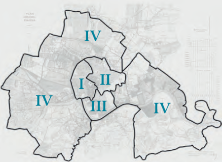 Plan konturowy podziału na obwody w latach 1910–1915
według stanu z lutego 1912 r. na podkładzie planu miasta
przedstawionego w pełnym kształcie na s. 468