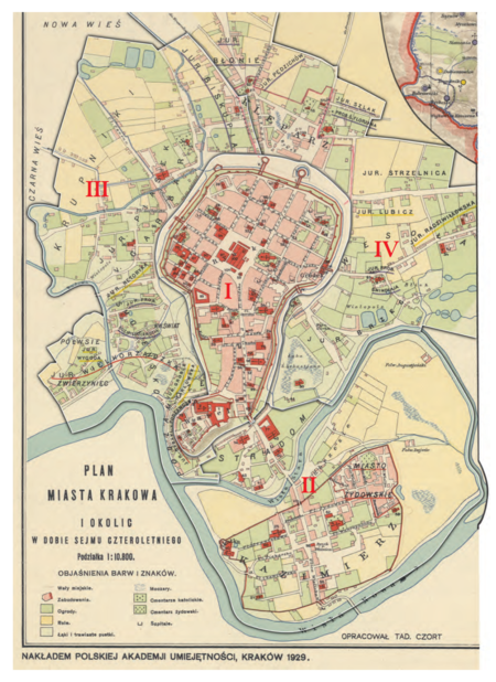 Podział miasta na 4 cyrkuły w latach 1792 oraz 1794 na Planie miasta Krakowa i okolic w dobie Sejmu Czteroletniego,
opracowanym przez Tadeusza Czorta, wydanym w 1926 r. Podstawa rysunku granic cyrkułów: vide s. 80
(Biblioteka Jagiellońska, sygn. 106 V Atl.)