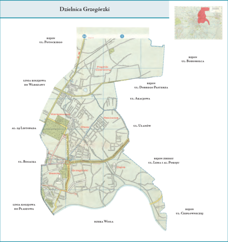 Dzielnica Grzegórzki według stanu z roku 1958 na przywołanym wcześniej planie miasta z roku 1964 r. – dzielnica obejmująca
dawne jednostki (dzielnice) katastralne (w całości lub w ich przeważającej części): Prądnik Czerwony, Warszawskie, Rakowice,
Olsza, Wesoła, Grzegórzki i Dąbie. Użyte przy powyższym planie nazwy terenowe podano według nazewnictwa obowiązującego
aktualnie. Opis przebiegu granic tej dzielnicy podano na s. 696.