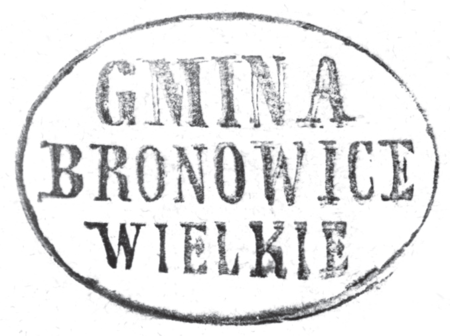 (1857)
Odciski pieczęci urzędowych Bronowic
Wielkich z lat 1847, 1857, 1926 i 1927
(Archiwum Narodowe w Krakowie,
sygn. WM 562, s. 444; sygn. WMK XIV-81,
s. 1513; sygn. PUZKr 45, s. 561, 589)