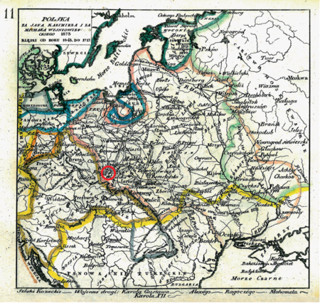 Mapa nr 11
Terytorium ziemi krakowskiej na mapie przedstawiającej państwo polsko-litewskie w dobie wojen drugiej połowy
XVII wieku i pierwszych lat XVIII stulecia, w tym potopu szwedzkiego; podany w tytule mapy rok 1673 był rokiem
śmierci Michała Korybuta Wiśniowieckiego i zwycięstwa wojsk polskich pod Chocimiem w wojnie polsko-tureckiej