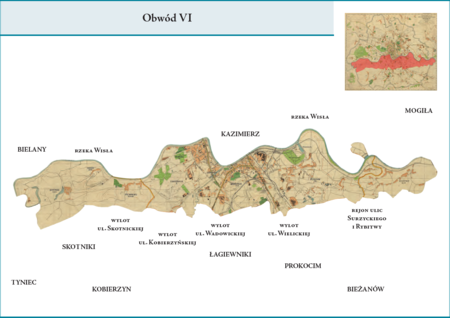 Obwód VI według stanu z roku 1941 na przywołanym wcześniej planie miasta z 1943 r. – prawobrzeżna dzielnica
administracyjna obejmująca w całości dzielnice katastralne IX–Ludwinów, X–Zakrzówek, XI–Dębniki, XXI–Płaszów,
XXII–Podgórze, XXVIII–Pychowice, XXIX–Bodzów, XXX–Kostrze i XLVI–Rybitwy. Do środkowego trzonu Obwodu
z terenami Pogórza, Dębnik, Ludwinowa, Zakrzówka i Płaszowa, który to trzon pozostał bez zmian w porównaniu
z Obwodem VI z poprzedniego podziału wewnętrznego miasta, doszły po stronie zachodniej przyłączone w 1941 r. tereny
Kostrza, Bodzowa i Pychowic, a po stronie wschodniej teren Rybitw. Użyte przy powyższym planie dzielnicy nazwy
terenowe podano według nazewnictwa obowiązującego aktualnie.