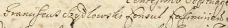 Z akt sądowych wielkorządcy krakowskiego obejmujących lata 1665–1682: fragment wpisu z roku 1670
dotyczącego sprawy sądowej między rajcą kazimierskim Stanisławem Borskim (nr 314) i jego żoną Reginą
a rajcą kazimierskim Franciszkiem Szydłowskim i jego żoną Reginą – zbliżenie zapisu imienia i urzędu
(Archiwum Narodowe w Krakowie, sygn. Teut. 72, s. 362)