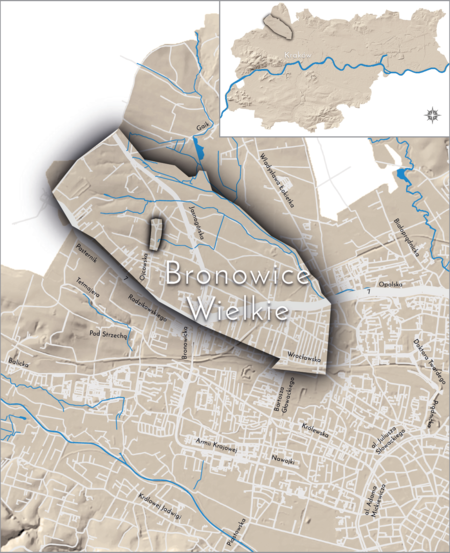 Orientacyjna lokalizacja dawnej wsi Bronowice Wielkie w obecnych granicach Krakowa – na planie miasta
oznaczono jej położenie w kształcie wyznaczonym granicami jednostki katastralnej, jaką stanowiła,
ze wskazaniem najstarszego, historycznego centrum Bronowic Wielkich w rejonie dzisiejszej ulicy Ojcowskiej