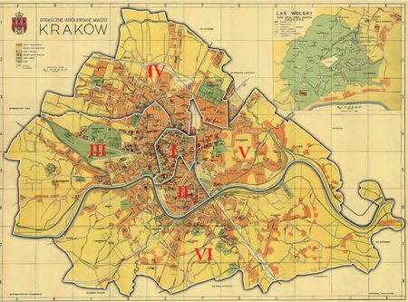 Podział Krakowa na 9 obwodów według stanu z 1938 r. – na planie Stołeczne Królewskie Miasto Kraków
wyrysowanym przez Adama Launera, wydanym ok. 1939 r. Podstawa rysunku granic obwodów: vide s. 178
(Biblioteka Jagiellońska, sygn. M 41/107)